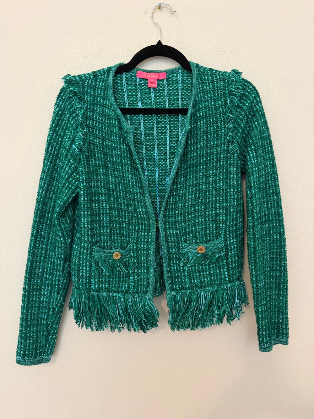 Lilly Pulitzer Green Tweed Simora Fringe Cardigan Sz XS Capsule Classic Spring